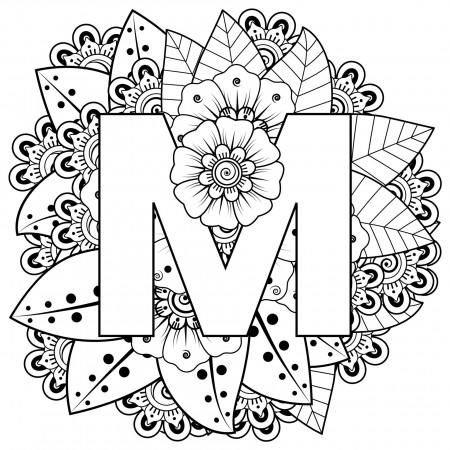 Letter M made of flowers in mehndi style. coloring book page. outline  hand-draw vector illustration. 5239666 Vector Art at Vecteezy