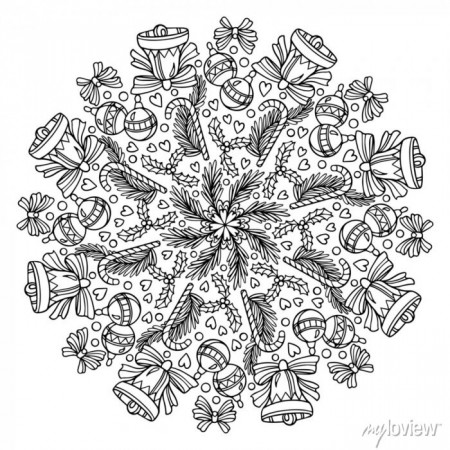 Christmas mandala with decorative elements. coloring page. vector • wall  stickers round, snowflake, ball | myloview.com