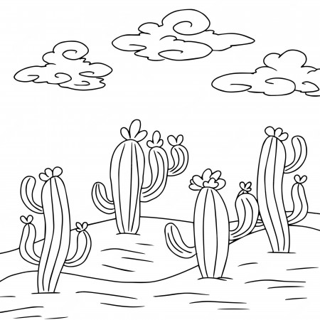 Premium Vector | Design desert landscape outline coloring page for kid