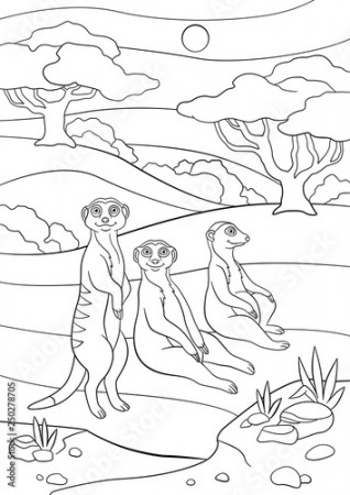 Coloring pages. Three little cute meerkats smile. Stock Vector | Adobe Stock