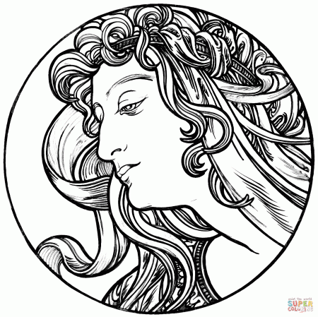 Woman's Portrait by Alphonse Mucha coloring page | Free Printable Coloring  Pages