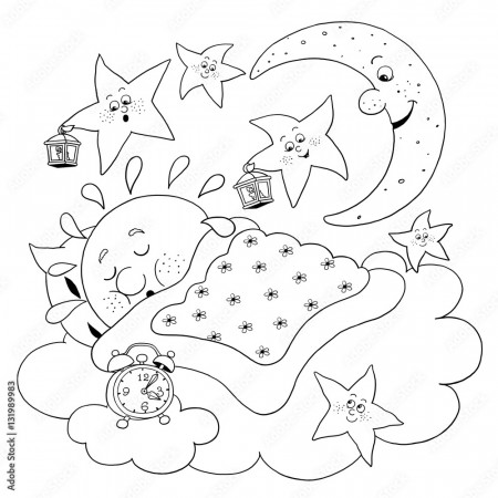 Cute sleeping sun, moon and stars. Coloring page. Funny cartoon characters  Stock Illustration | Adobe Stock