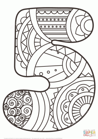 Number 5 Zentangle coloring page | Free Printable Coloring Pages