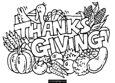 Turkey and Food Happy Thanksgiving Coloring Page for Kids 