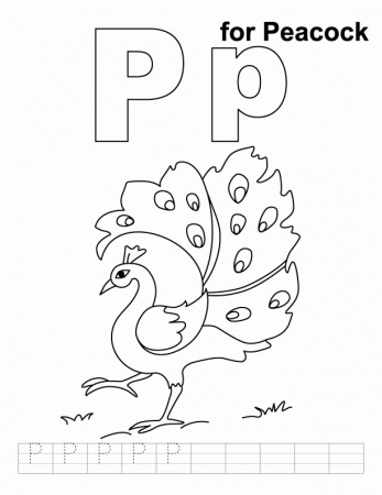 P for peacock coloring page with handwriting practice | Download 