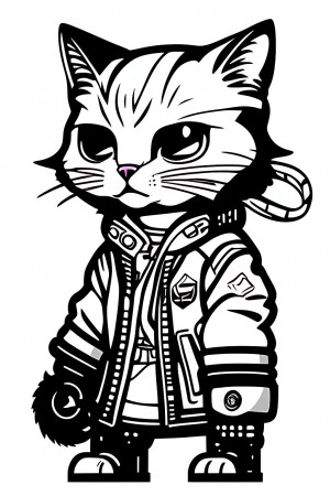 glass-wren889: cat mascot cyberpunk style, super cute, 2d, vector, flat,  b&w lineart style fashion, minimalist style, ((white background)), picture,  ((coloring book style on white background)), well composed, clean coloring  book page, No