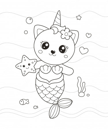 Cute little mermaid cat drawing coloring page | Download on Freepik