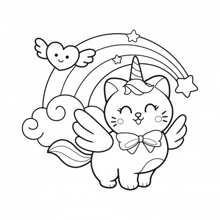 Premium Vector | Cute cat unicorn and stars rainbow hand drawn coloring page