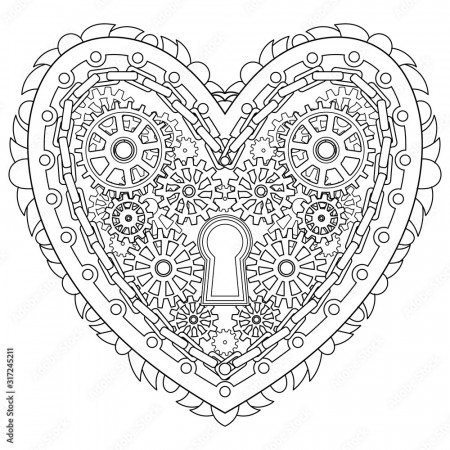 Adult coloring page for anti stress art therapy with editable line.  Beautiful patterned heart in zentagle style. Template for t-shirt, tattoo,  poster or cover. Colouring book for Valentines day. Stock Vector |