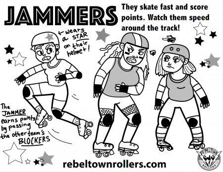 RebelTown Rollers, Roller Derby Jammers, Coloring Page (FREE)