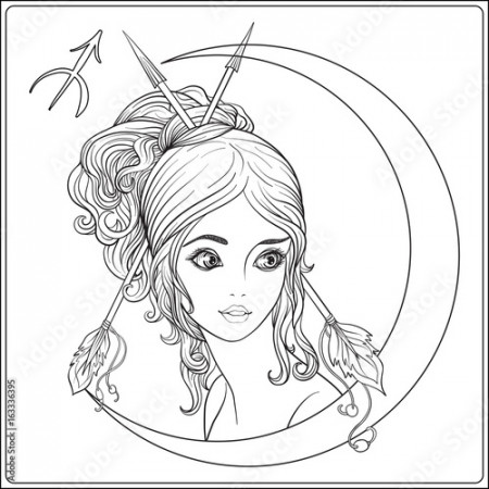 Sagittarius, archer. A young beautiful girl In the form of one of the signs  of the zodiac. Outline hand drawing coloring page for adult coloring book.  Stock line vector illustration. Stock Vector |