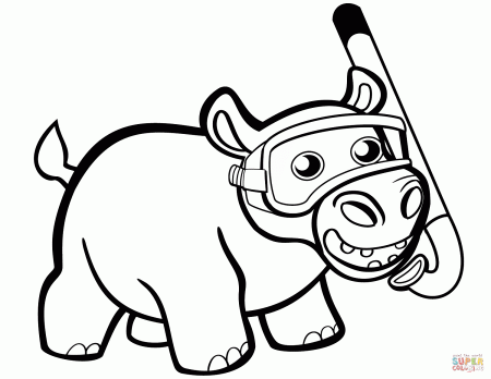 Cute Baby Hippo with Snorkel coloring page | Free Printable Coloring Pages