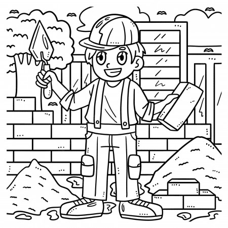 Premium Vector | Labor day mason and bricks coloring page for kids