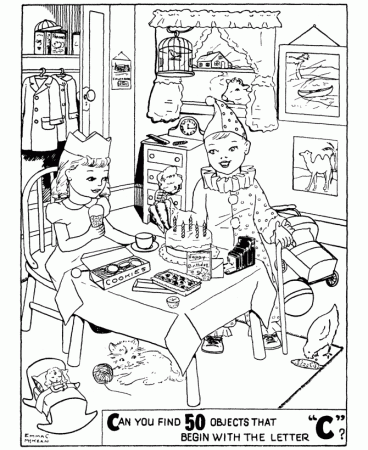 Printable Kids Birthday Hidden Objects Coloring activity Pages for 