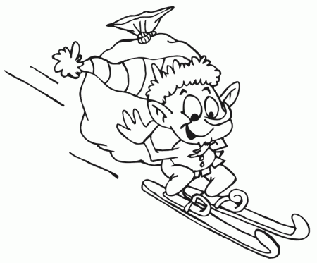 Skiing Coloring Page | An Elf Skiing With Large Sack
