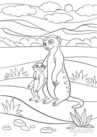 Coloring pages. mother meerkat with her cute baby. • wall stickers desert,  outlined, game | myloview.com
