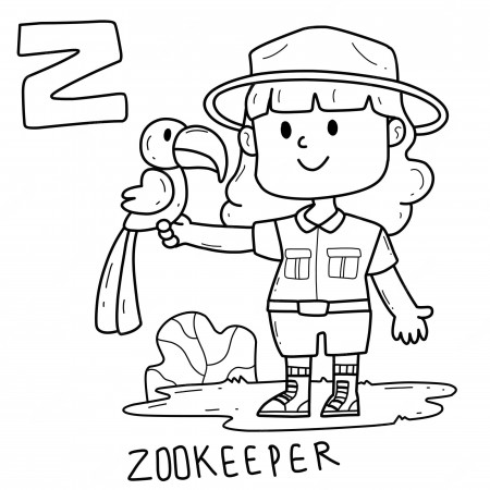 Premium Vector | Alphabet occupation zookeeper coloring book with word