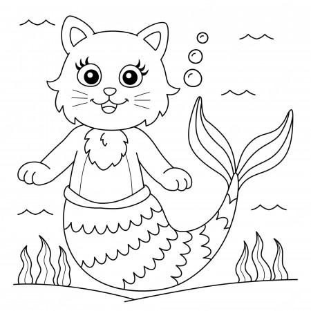 Premium Vector | Cat mermaid coloring page for kids