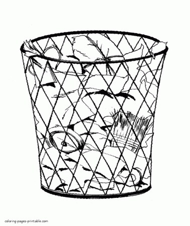 Wastebasket full of trash. Coloring pages || COLORING-PAGES-PRINTABLE.COM