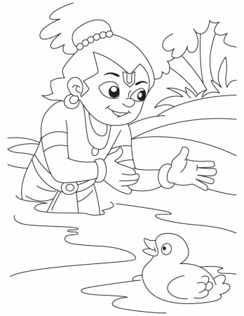 Krishna the bird lover playing with duck coloring pages | Download ...