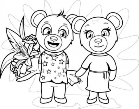 Coloring page. A cheerful and happy boy bear stands near a cute bear girl  and holds a bouquet of flowers 10688343 Vector Art at Vecteezy