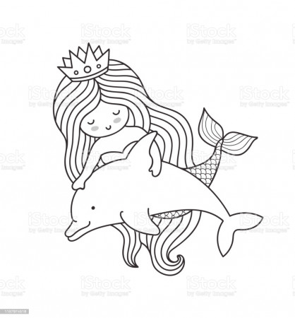 Little Mermaid Floating With Dolphin Stock Illustration - Download Image  Now - iStock