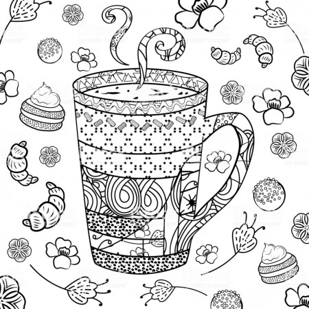 A Cup Tea Or Coffee In Zenart Style For Coloring Page Surrounded ...
