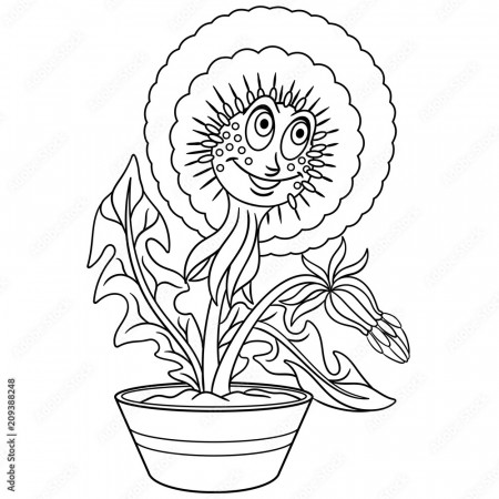 Dandelion flower in a pot. Coloring page. Colouring picture. Coloring book.  Stock Vector | Adobe Stock