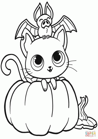 Bat, Cat and Pumpkin coloring page | Free Printable Coloring Pages