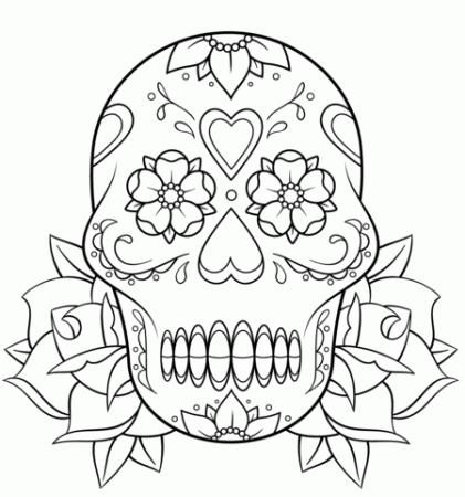 Sugar Skull and Roses coloring page | Free Printable Coloring Pages