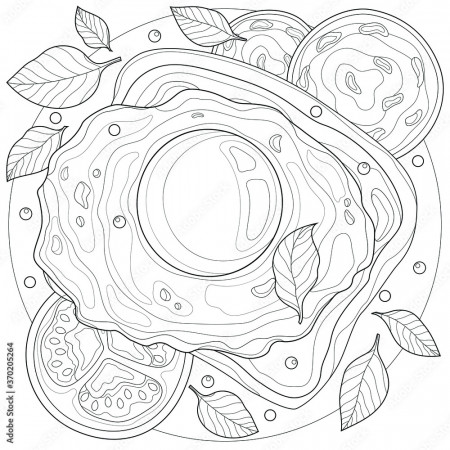 Toast with egg, sausage, tomato and basil.Coloring book antistress for  children and adults. Illustration isolated on white background.Black and  white drawing.Zen-tangle style. Stock Vector | Adobe Stock