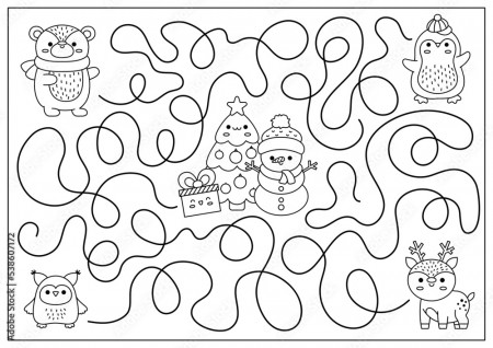 Christmas black and white maze for kids. Winter line holiday preschool  printable activity with cute kawaii deer, penguin, bear, tree, snowman. New  Year labyrinth game, puzzle or coloring page. Stock Vector |