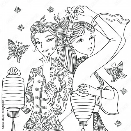 Two girls in traditional clothes with chinese lantern and fan. Coloring  book page for adult for anti stress. Vector illustration with doodle and  patterns. Stock Vector | Adobe Stock