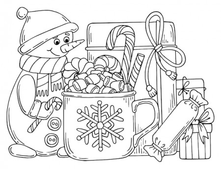 Premium Vector | Christmas vector coloring page festive gift boxes a cup  with a hot drink and sweets a cute snowman wearing a santa claus hat hand  drawn line art winter illustration