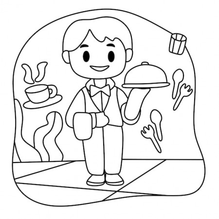 Premium Vector | Coloring page alphabets profession cartoon waiter