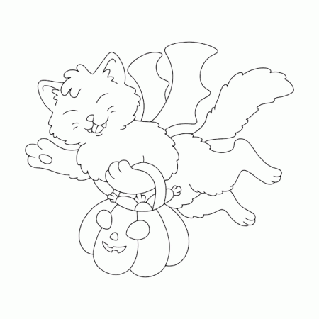 Premium Vector | A cute cat carries a pumpkin with sweets in its paws  halloween theme coloring page for kids digital stamp