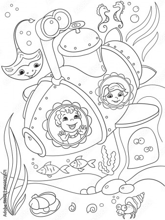 Children exploring the underwater world in a submarine coloring pages for  children cartoon vector illustration Stock Vector | Adobe Stock