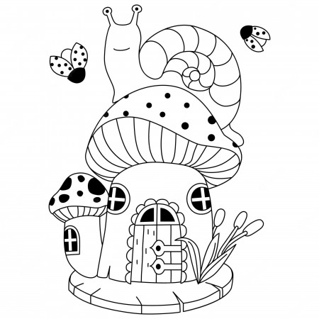 Premium Vector | A big snell on the top of the mushroom house with ladybugs  outline artwork coloring pages