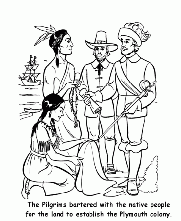 Pilgrim Thanksgiving Coloring Page Sheets - Pilgrims trading for 