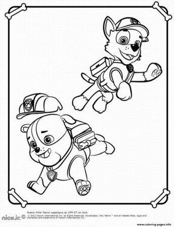 Print paw patrol rubble playing with rocky Coloring pages