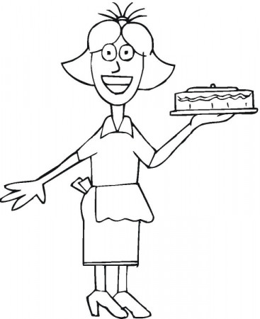 Waitress with cake coloring book to print and online