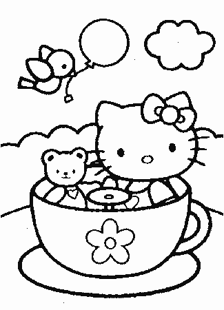 Hello Kitty and teddy bear in tea cup coloring page