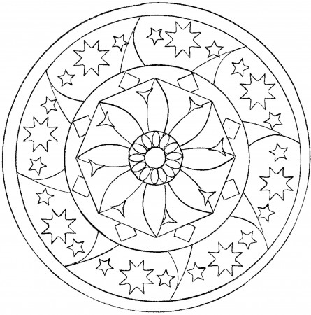 Mandala coloring page with stars and big flower - Easy Mandalas for kids