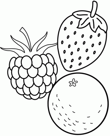 Coloring page presenting a strawberry, raspberry and an orange