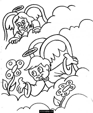Angels Boy and Girl in Heaven with Flowers Coloring Page for Kids 