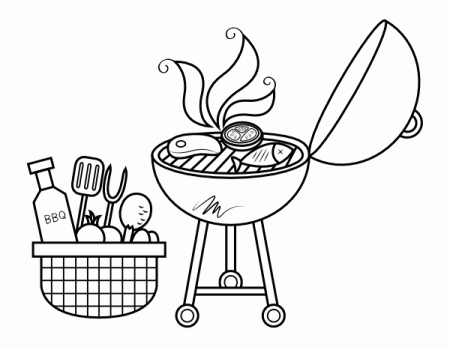 Printable Grill with Barbecue Supplies and Utensils Coloring Page
