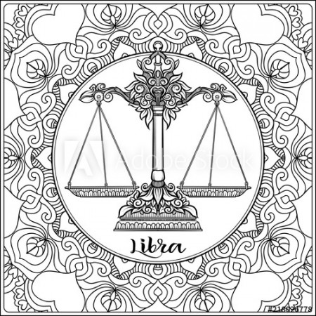 Libra, weigher. Decorative zodiac sign on pattern background. Outline hand  drawing. Good for coloring page for the adult coloring book Stock vector  illustration. Stock Vector | Adobe Stock