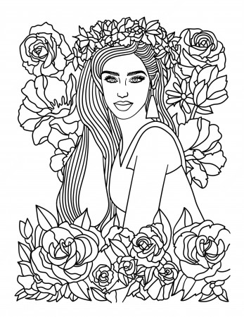 Premium Vector | Cute flower girl coloring page for adults