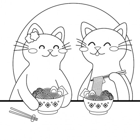 Premium Vector | Cute cartoon cats eat ramen noodles, japanese food coloring  page