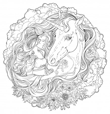 Unicorn & Girl in the clouds - Difficult Mandalas (for adults)
